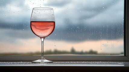 A cloudy sky outside, a glass of wine on a windowsill, and raindrops on the windowpane