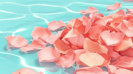 Fototapeta premium Delicate pink rose petals floating on serene blue water, creating a tranquil and romantic atmosphere.
