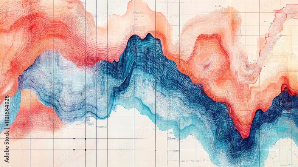 Poster a vibrant heat map graphic with bold gradients transitioning from blue to red, layered on a grid-lik