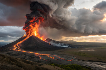 Panoramic Eruption Molten Lava & Ash Clouds