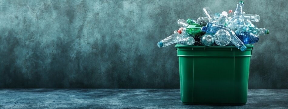 Green recycling bin with assorted recyclable materials like plastic bottles glass jars and aluminum cans on concrete background