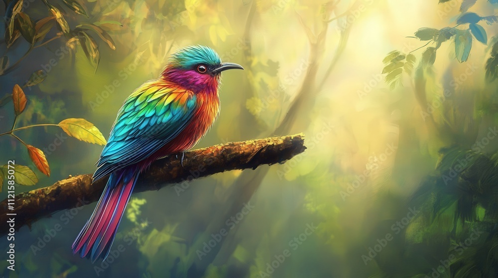 Poster a beautiful bird with multicolored feathers sits perched on a branch in the forest. its vibrant plum