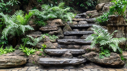 Fototapeta premium Creating a Serene Stone Staircase Surrounded by Lush Greenery