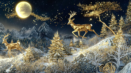 Golden deer in a magical winter landscape