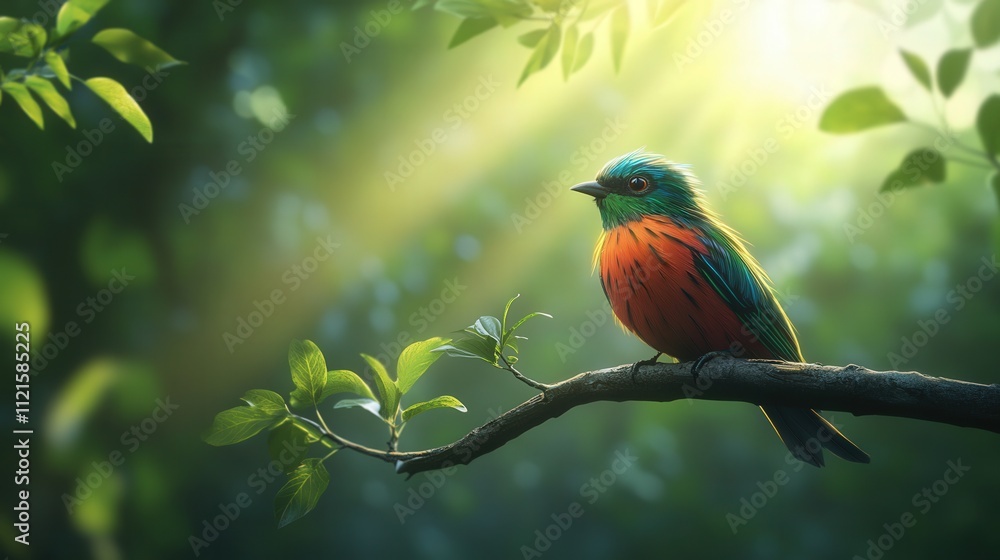 Poster a beautiful bird with multicolored feathers sits perched on a branch in the forest. its vibrant plum