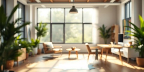 Sunlit Modern Office Space with Plants and Wooden Furniture