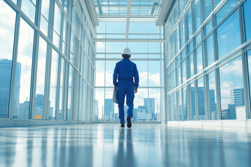 Fototapeta premium Japanese worker in blue overalls and helmet walks through modern glass building, showcasing professional atmosphere and urban skyline