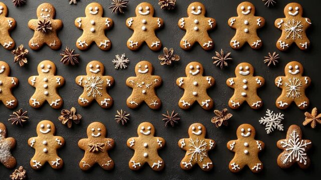 Gingerbread cookies arranged in festive patterns surrounded by spices and decorations during the holiday season