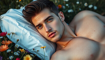 man laying among flowers