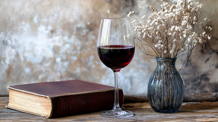 A rustic table with an antique book and a vase of dried flowers next to a half-full glass of red wine