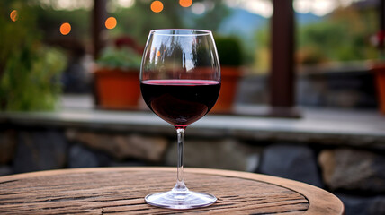 An outdoor stone patio with a half-full glass of red wine and hazy vegetation in the backdrop