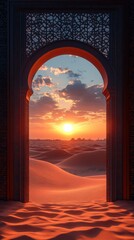 Desert Sunrise Through an Ornate Moroccan Archway: A Stunning Architectural View