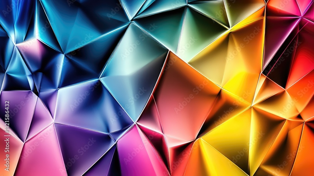 Poster an abstract geometric design of overlapping triangles and polygons in vibrant hues, creating a dynam