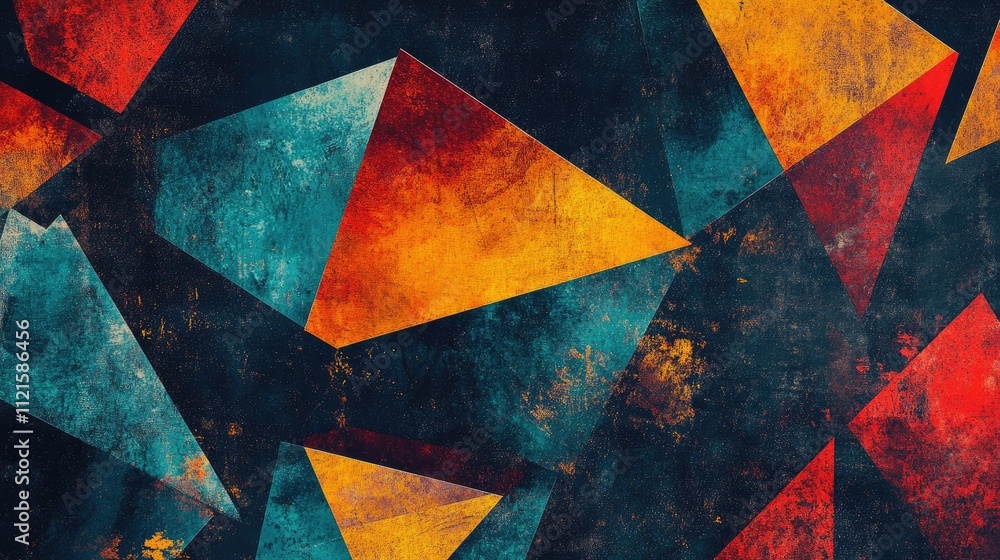 Poster an abstract geometric design of overlapping triangles and polygons in vibrant hues, creating a dynam