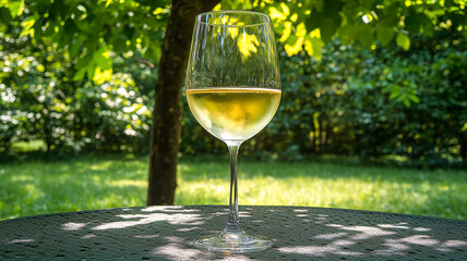 Surrounded by verdant woods, a picnic table with a half-full glass of white wine