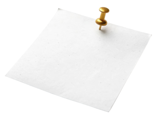 White note pinned with a gold pin, featuring a slightly textured surface, perfect for reminders, mockups, or creative designs. Isolated on transparent background, png.