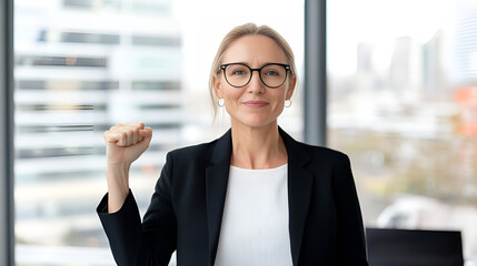 A confident businesswoman making a fist pump in a modern office.