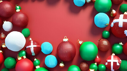 Colorful Christmas Ornaments, Festive Holiday Decor, Christmas Balls Border, Red Holiday Background, Ornament Decoration Frame