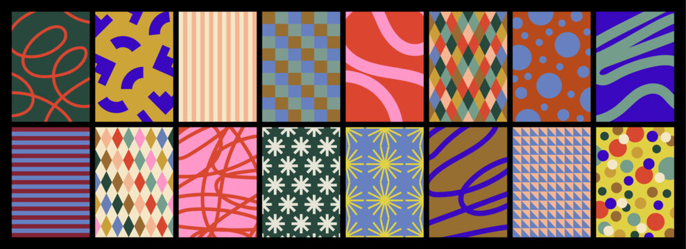 collection of textured vector backgrounds with simple and fun patterns. Abstract and colorful backgrounds for cards, posters, covers, banners or branding.