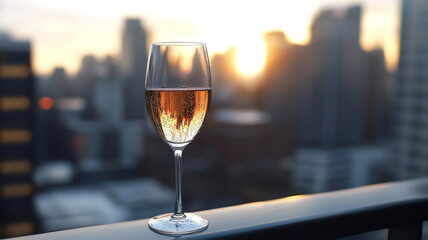 A bottle of sparkling wine on a balcony railing, with the distant city skyline hazy
