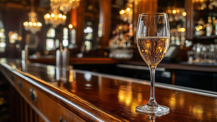 A glistening wine glass on a sleek hardwood bar with chandelier reflections