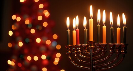 Menorah (Hanukkah) &ndash; A nine-branched candelabrum lit with candles, set against a backdrop of golden fireflies and party lights, with a red and black color palette in HD quality.
