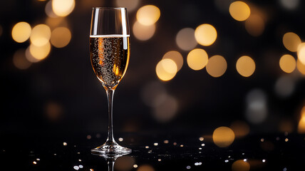 A glass of sparkling wine on a black surface that reflects light, with gentle bokeh lights in the backdrop