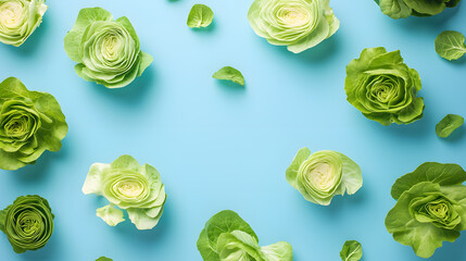 Fresh green lettuce arranged on a blue background