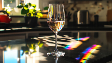 On a modern kitchen counter, a sparkling wine glass with rainbow reflections from the sun