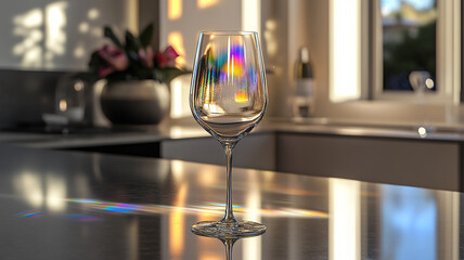 A glass of sparkling champagne on a modern kitchen counter, with rainbow reflections from the sun