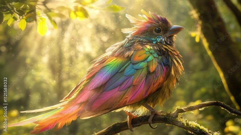 Poster a bird with a stunning array of rainbow feathers sits on a branch in the forest, its wings slightly 