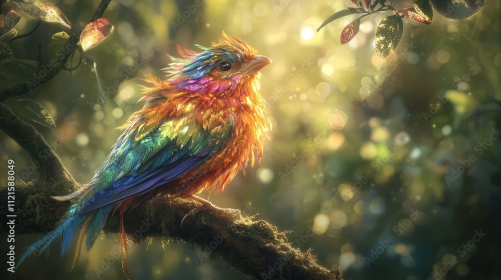 Poster a bird with a stunning array of rainbow feathers sits on a branch in the forest, its wings slightly 