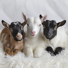 Adorable Baby Goats Three Cute Kids on Fluffy White Rug