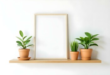 Fototapeta premium A wooden shelf with potted plants and a framed artwork against a white wall
