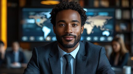 A Black man in a business suit leads a virtual meeting with global team members from diverse backgrounds, emphasizing collaboration and inclusivity