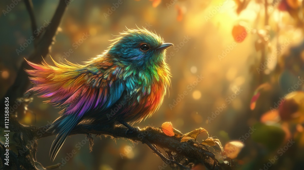 Poster a bird with a stunning array of rainbow feathers sits on a branch in the forest, its wings slightly 