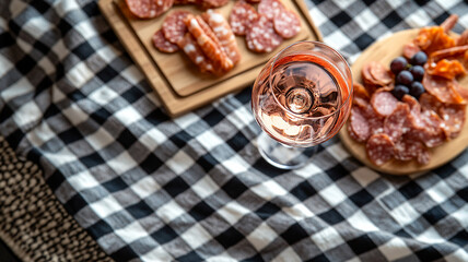 A top-down view of a glass of rosé wine on a checkered picnic blanket with a charcuterie board nearby 