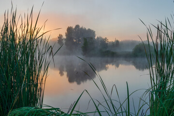 foggy sunrise over the fishing place
