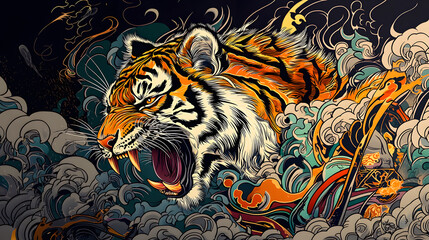 Majestic tiger roaring amidst vibrant waves