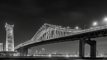 Fototapeta premium A black-and-white image of a bridge illuminated against a nighttime city skyline.