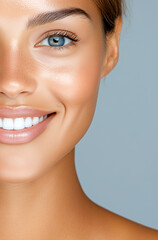 Obraz premium A woman with a bright smile and a blue eye. She has a clean, well-groomed appearance