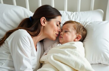 mum caring for her sick child sitting next to him on the bed and comforting him.