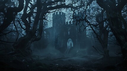 A dark, eerie castle shrouded in mist, surrounded by dense, twisted trees.
