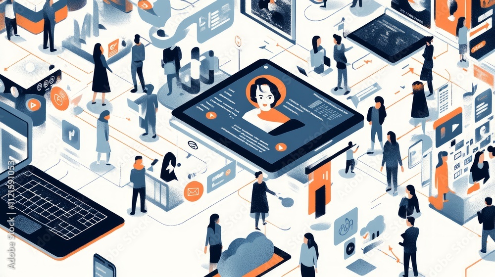 Aufkleber isometric illustration of global communication network with diverse people interacting via digital d