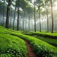 Fototapeta premium Peaceful Indonesian Jungle Scene with Early Morning Mist Between Lush Trees