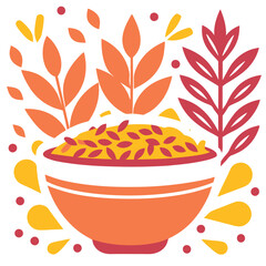 Illustrated fennel seeds in a bowl with vibrant fennel fronds. Perfect vector art for culinary, organic, and botanical designs, emphasizing healthy and natural aesthetics.