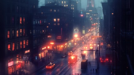 Rainy night, city street, glowing lights, traffic.