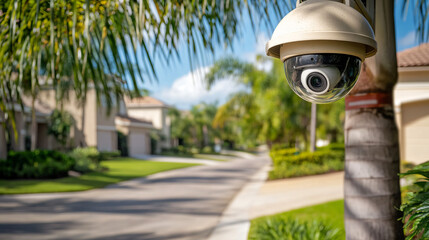 An outdoor security camera installed on a streetlight in a residential area.