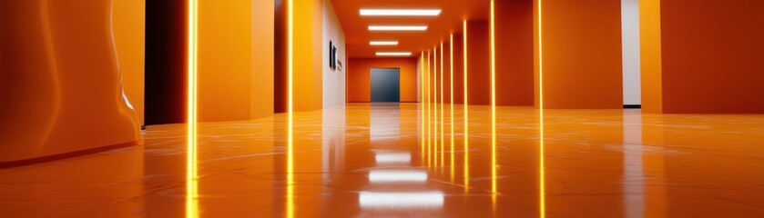 Vibrant Orange Corridor with Geometric Lighting Design