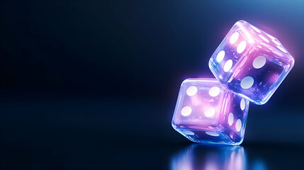 A neon 3D render of a casino game with cube dice set against a dark bac Random numbers are moved by the rolling of two w Night banner for online 3D illustrations of Vegas, VIP gaming, and board games